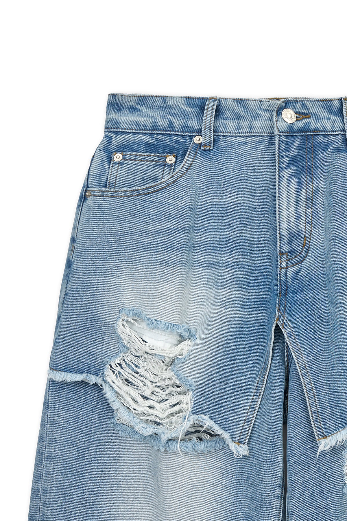 [matinkim] FRONT LAYERED DISTRESSED DENIM PANTS IN BLUE