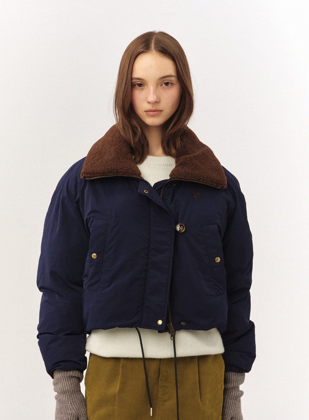 Satur (W) Wide Collar Crop Padding Jacket - Navy