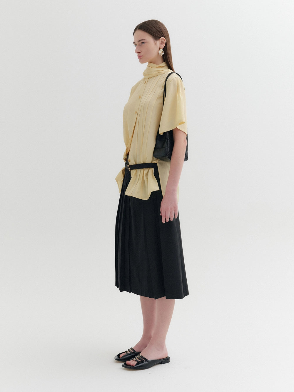 EENK Belted Pleated Midi Skirt - Black