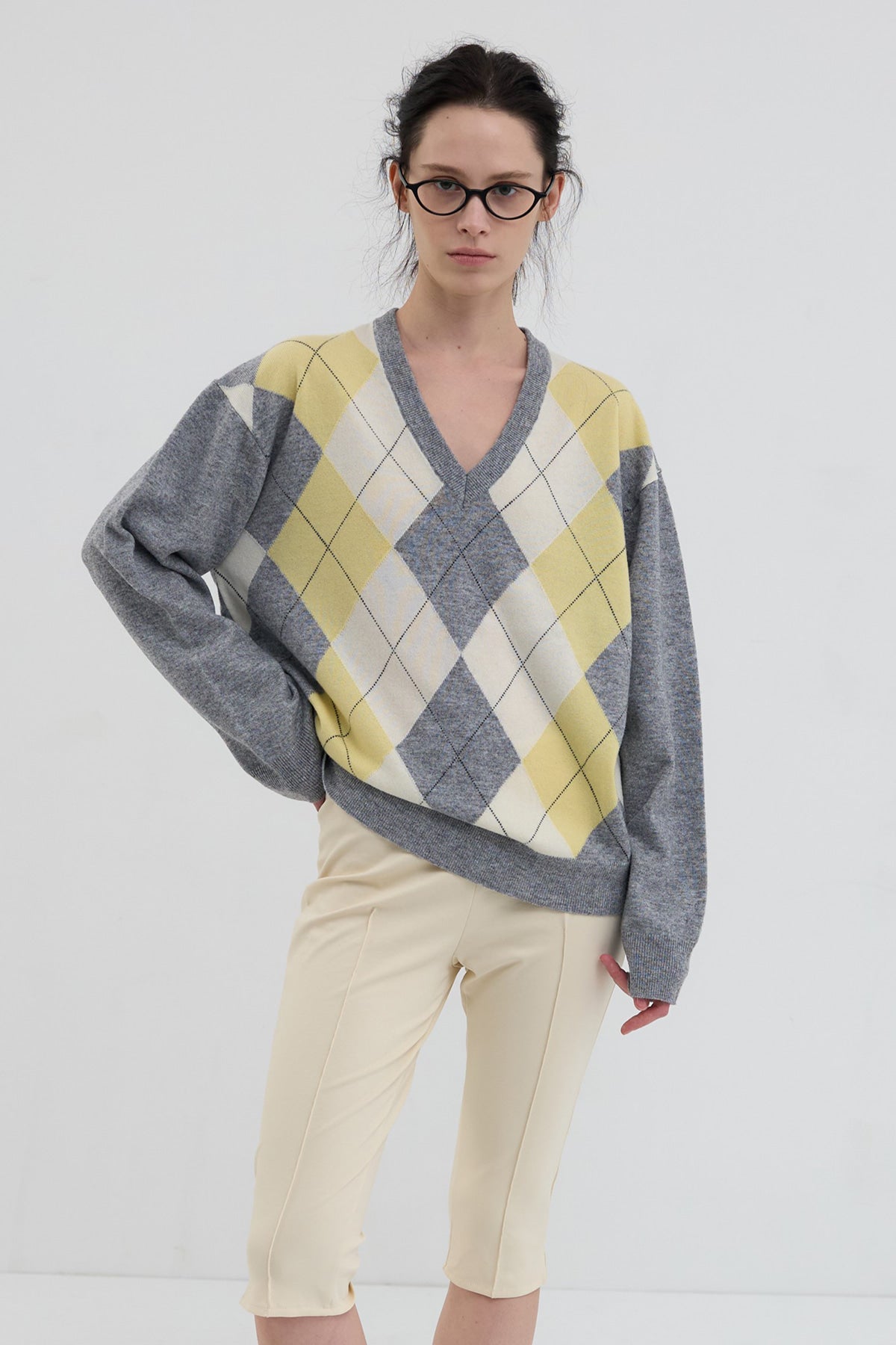 Overdueflair Classic Argyle V-Neck Knit Lemon/Grey