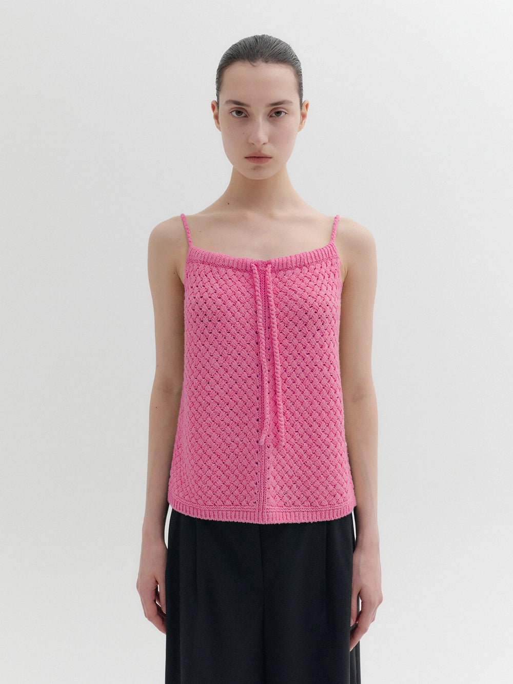 EENK Crochet Tie Strap Knitwear Top - Pink