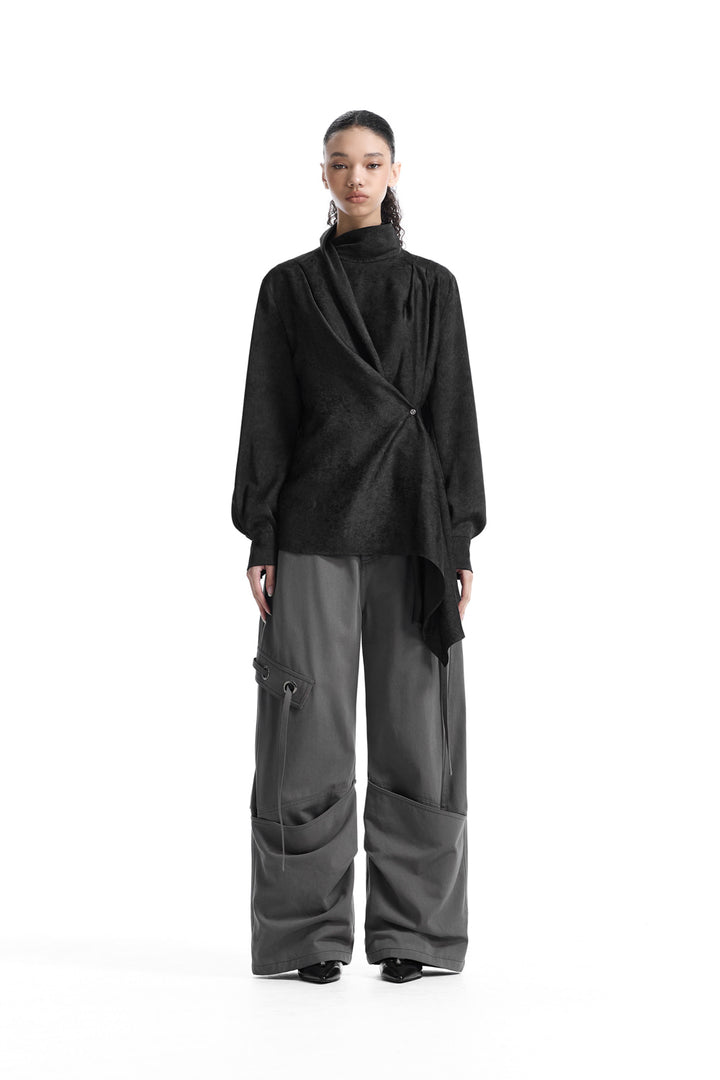 Treemingbird Draped High-Neck Blouse Black