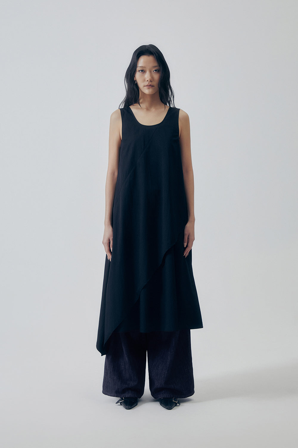 Treemingbird Layered Asymmetric Draped Dress Black