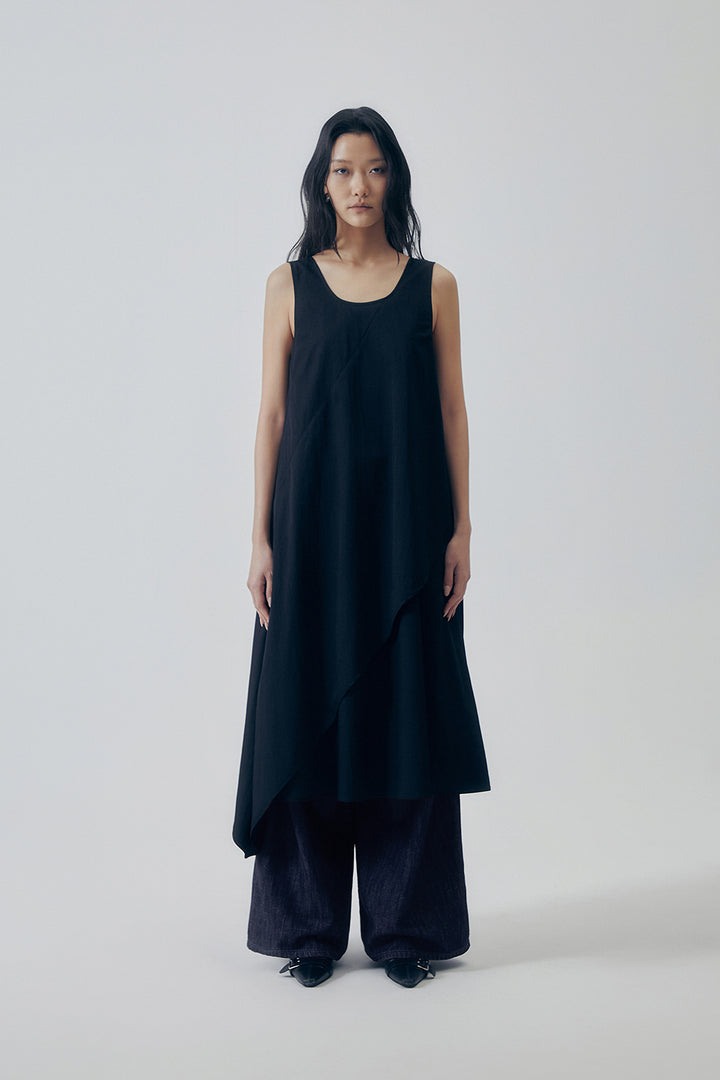 Treemingbird Layered Asymmetric Draped Dress Black