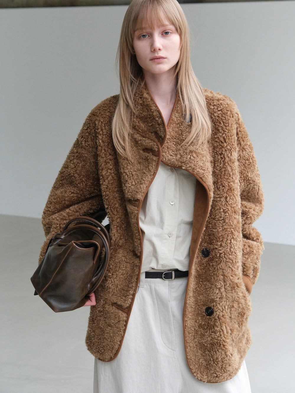 Low Classic High-Neck Reversible Shearling Jacket Brown