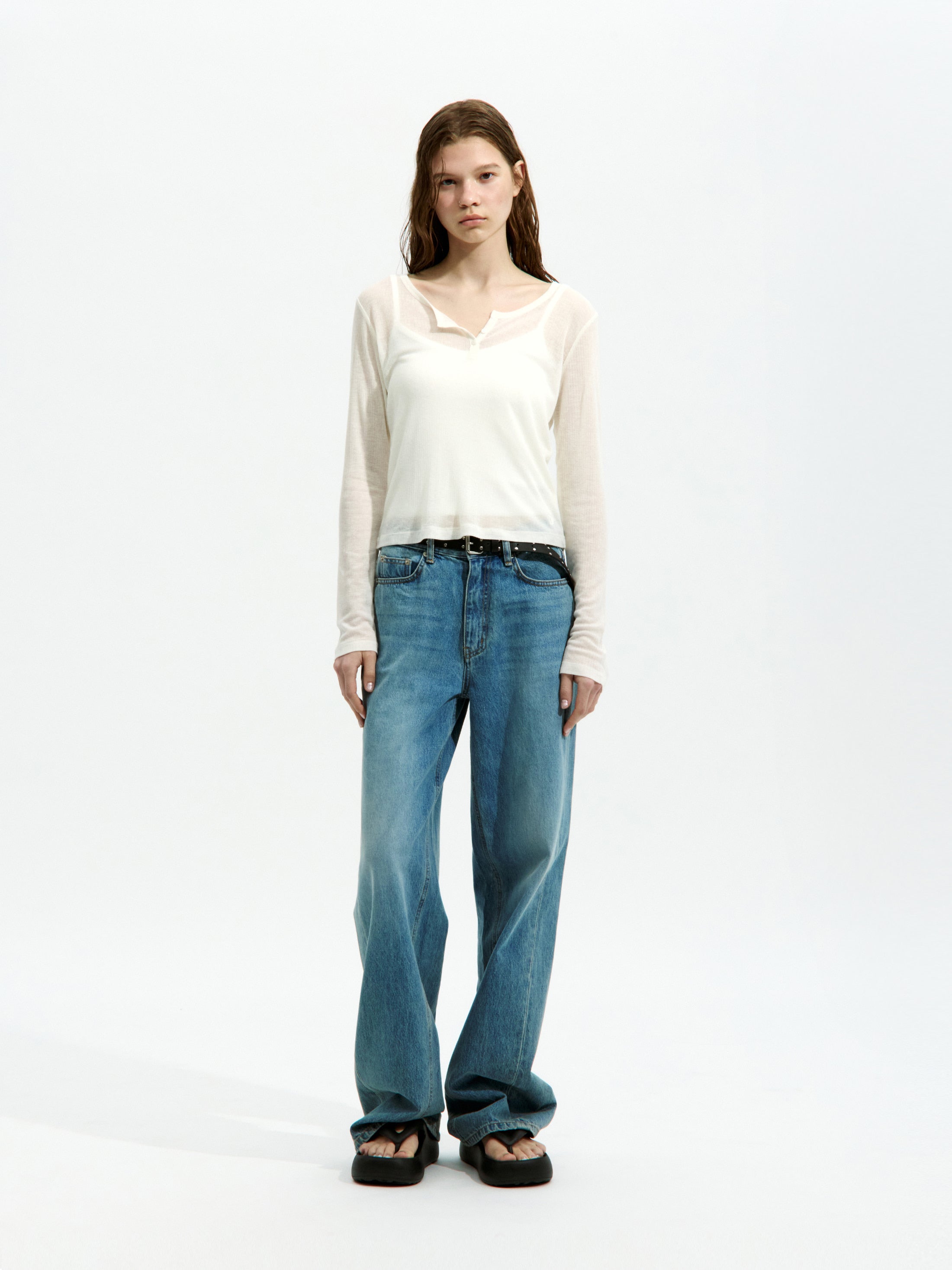 Low Classic See-Through Henry Neck Long Sleeve T-Shirt Ivory