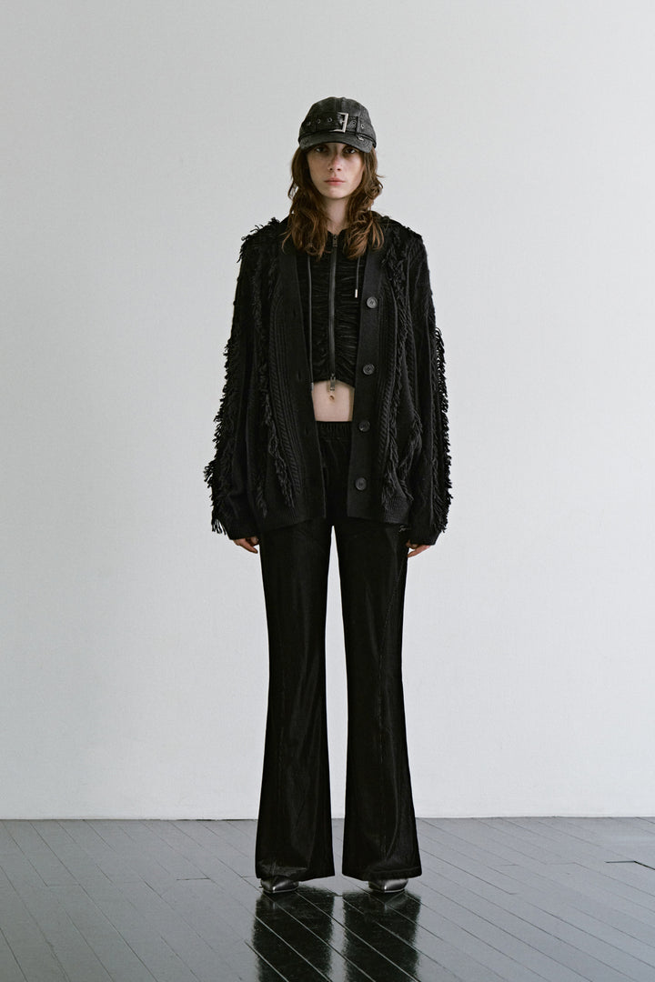Treemingbird Fringe-Cut Cable Knit Cardigan Black