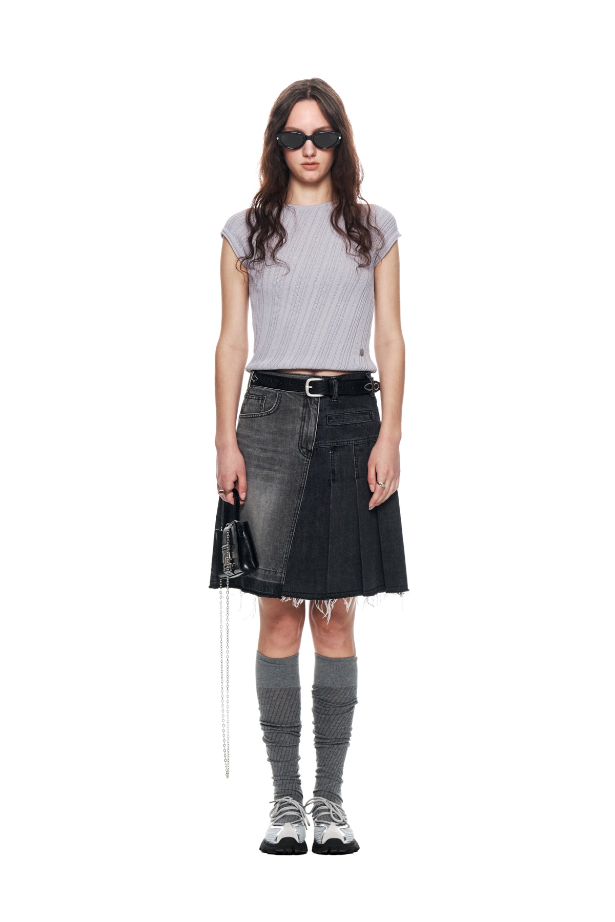 [matinkim] PLEATS POINT DENIM MIDI SKIRT IN CHARCOAL