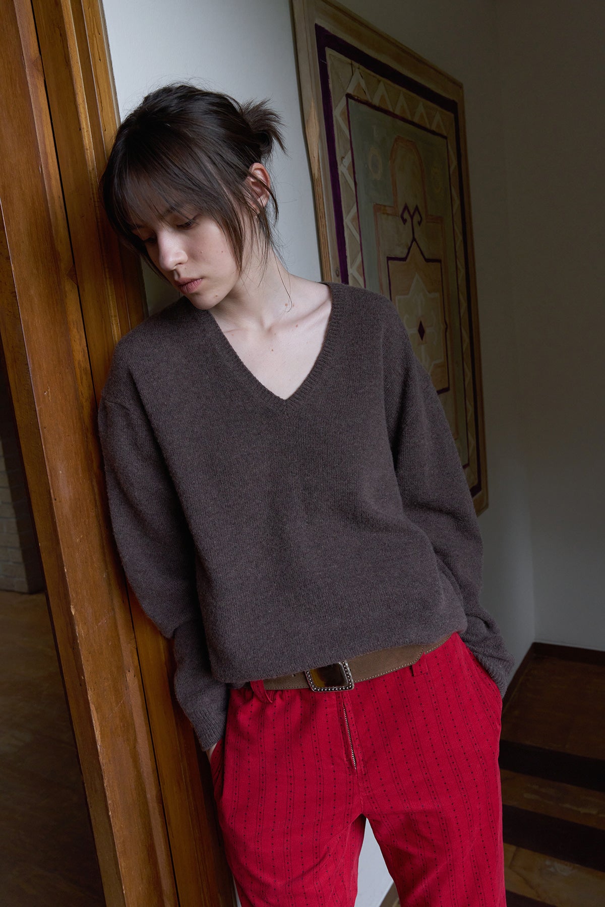 Overdueflair Relaxed Fit V-Neck Knit Brown