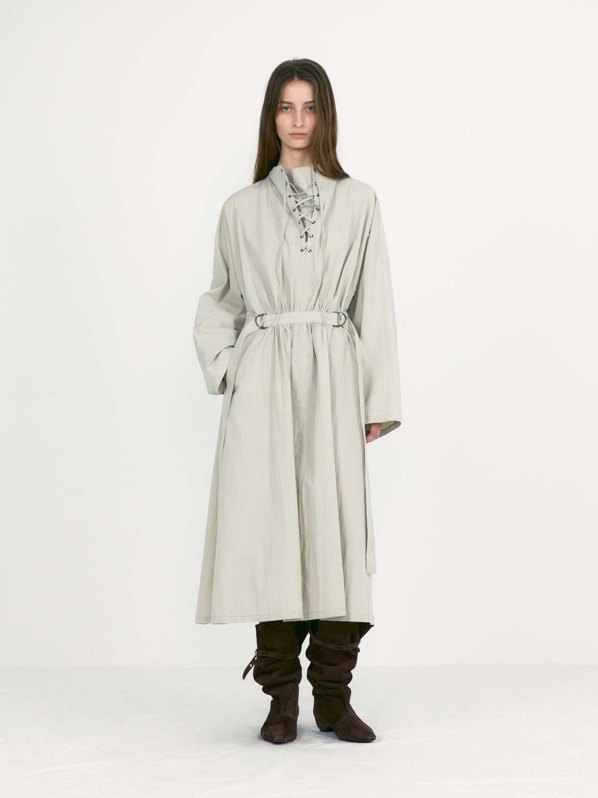 Low Classic Lace-Up Belted Dress Light Khaki