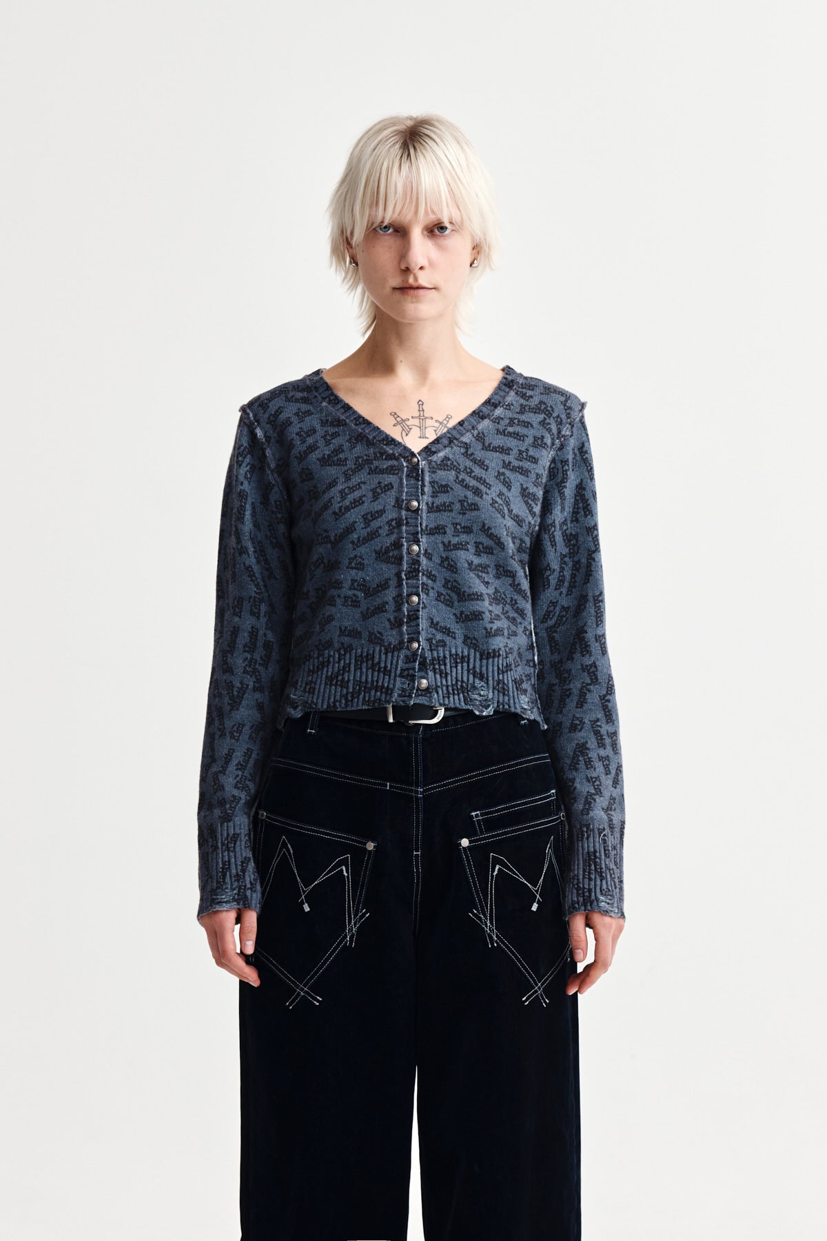 Matinkim Matin Kim All Over Logo Crop Cardigan IN Navy