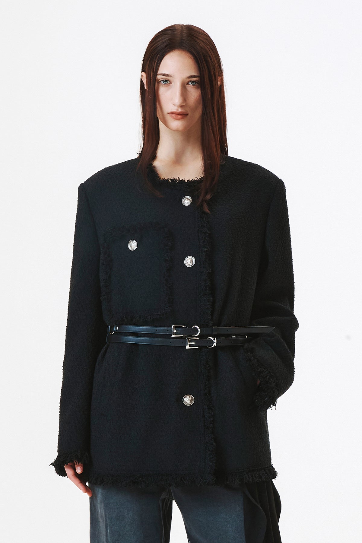 [matinkim] Patch Pocket Tweed Jacket IN Black
