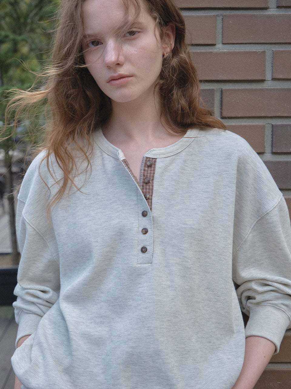 Tillidie Waffle check henley sweatshirt Oatmeal