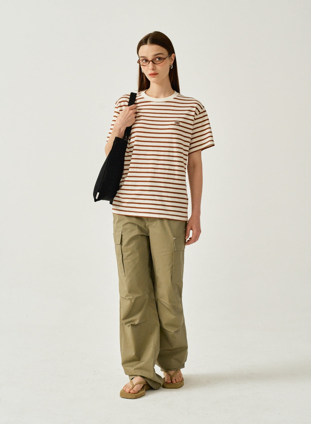 [satur] (W) All Day Basic Stripe T-Shirt - Brown