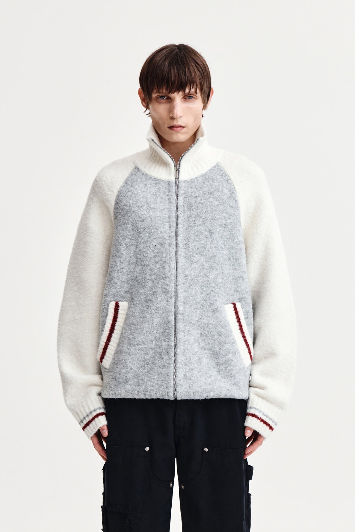 [matinkim] HIGH NECK RAGLAN KNIT ZIP UP FOR MEN IN IVORY