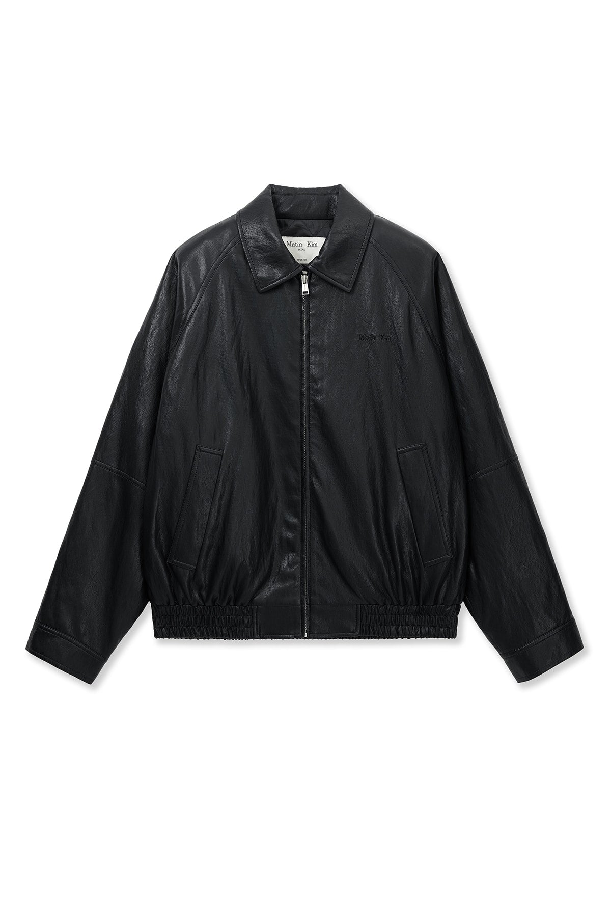 [matinkim] SMALL LOGO QUILTED FAUX LEATHER ZIP UP JUMPER IN BLACK