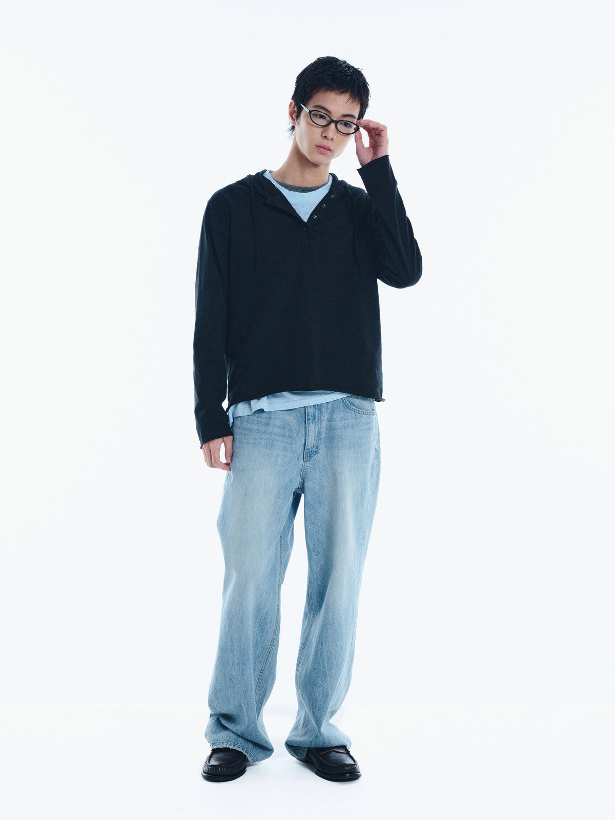 Low Classic Henley-Neck Jersey Hoodie Black
