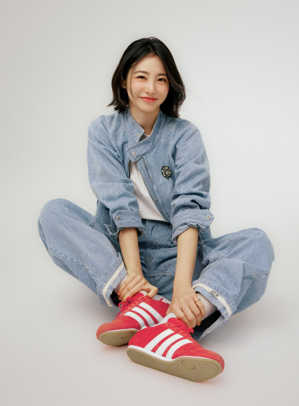 [SATUR] Stripe Denim Roll Up Pants - Light Blue