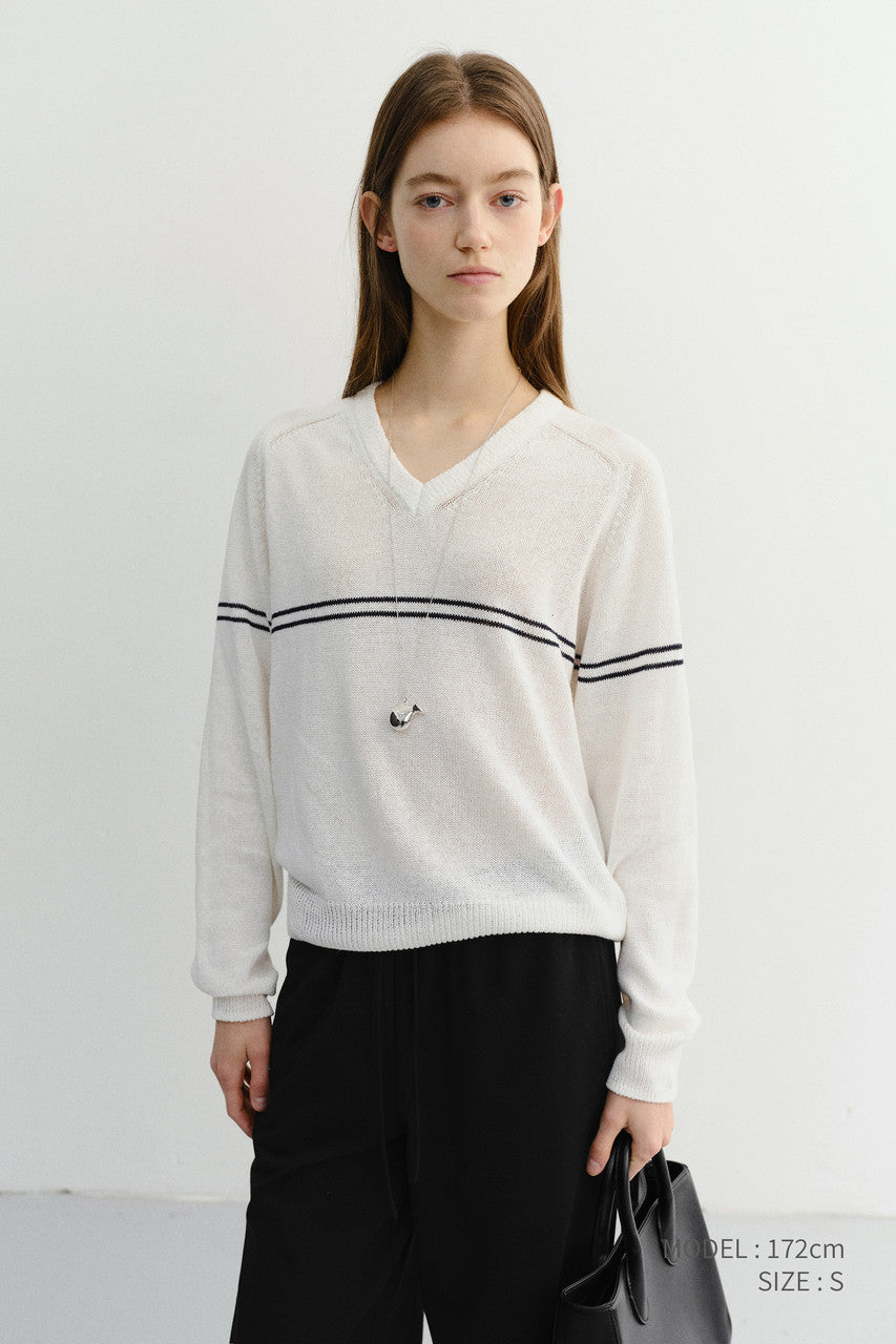 Dunst Unisex V-Neck Striped Sweater Cream