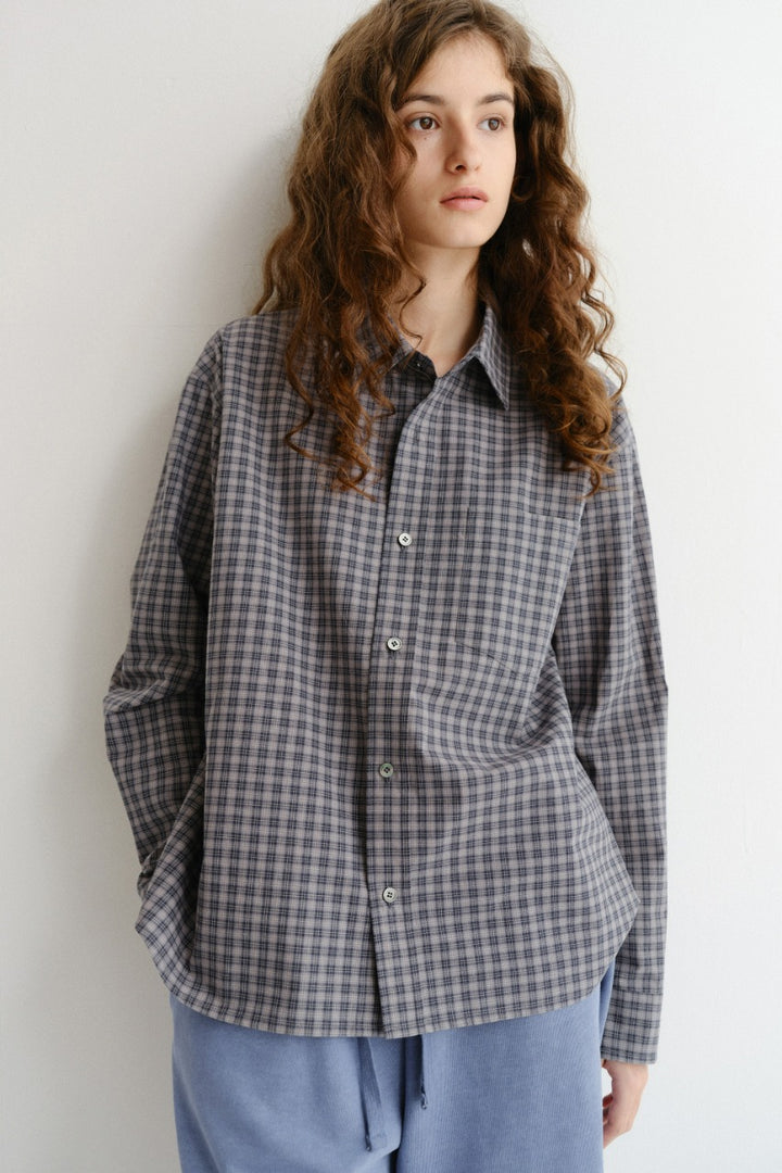 Dunst Unisex Cropped Checked Shirt Navy Check