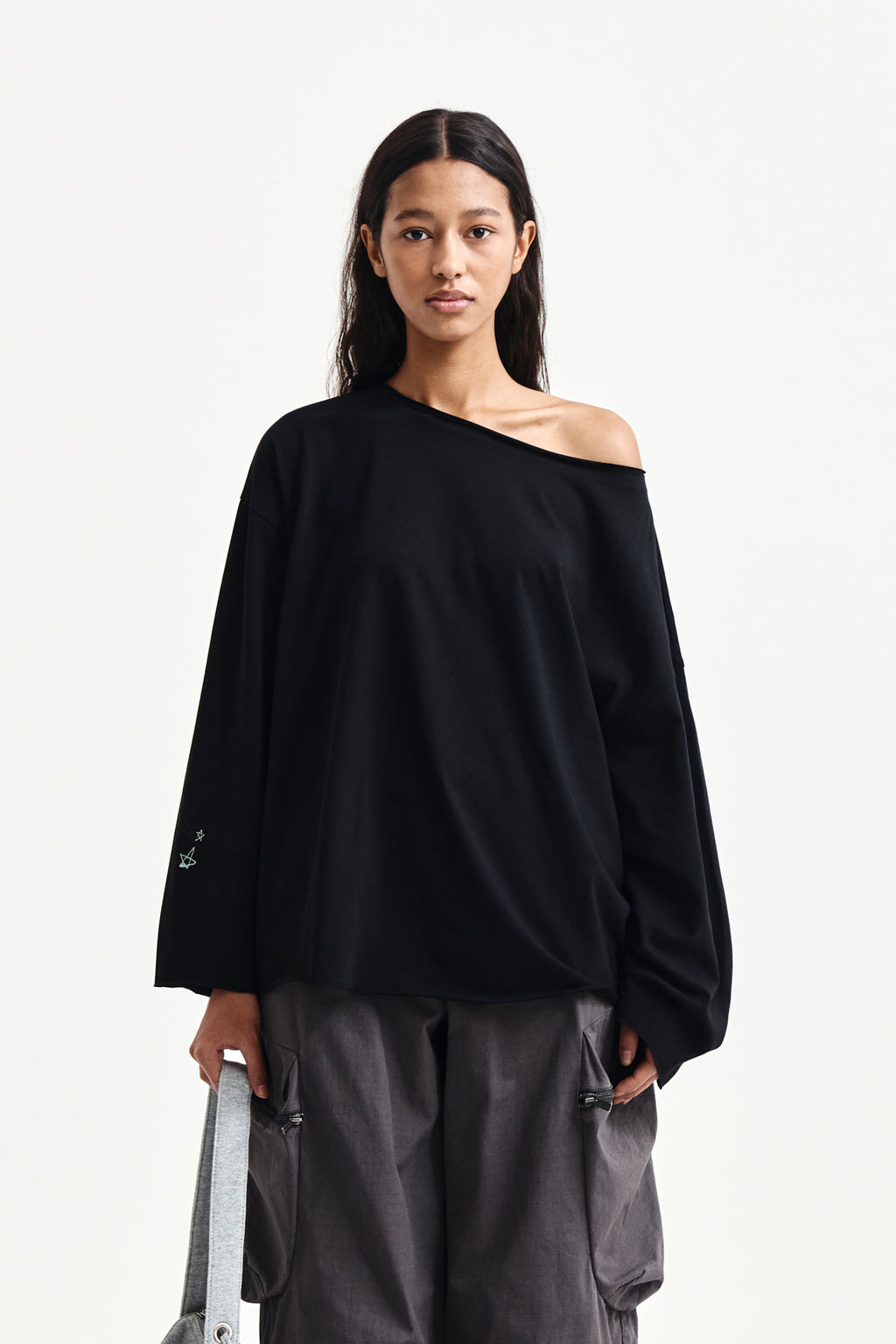 Matinkim Raw Hem Finished Boat Neck Top IN Black
