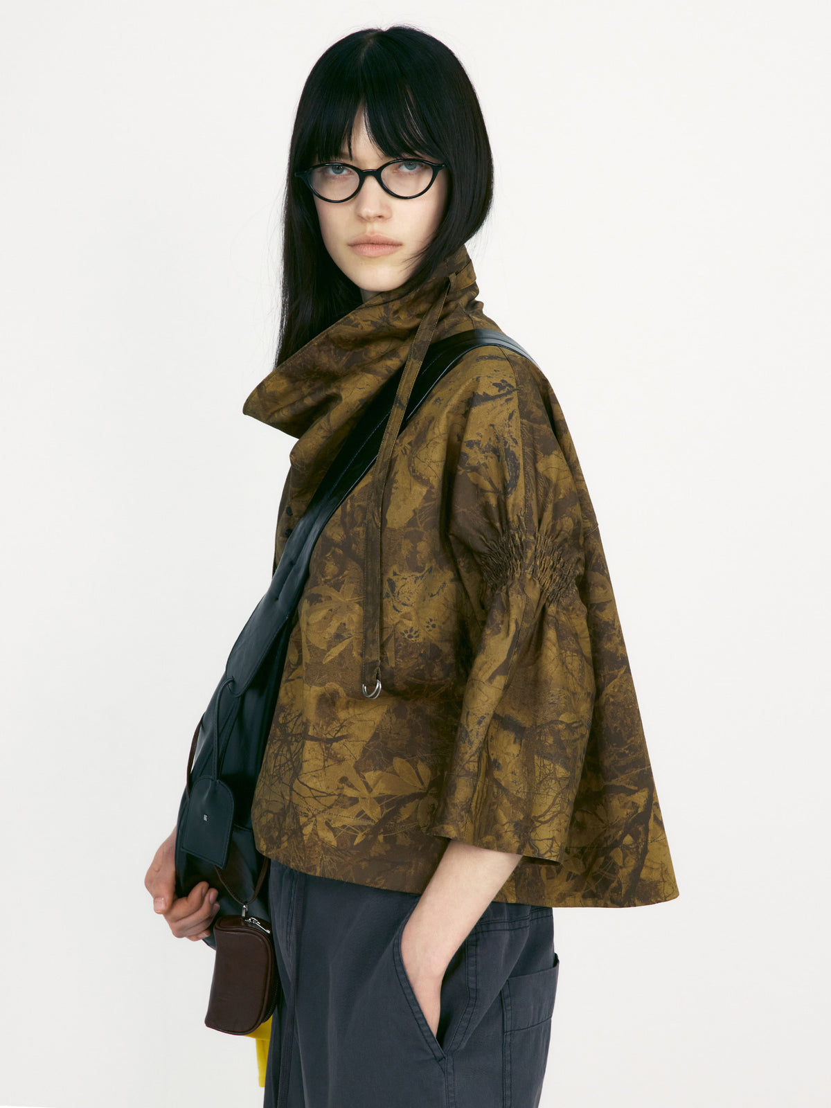 Low Classic Shirred Sleeve Foulard Top Camouflage