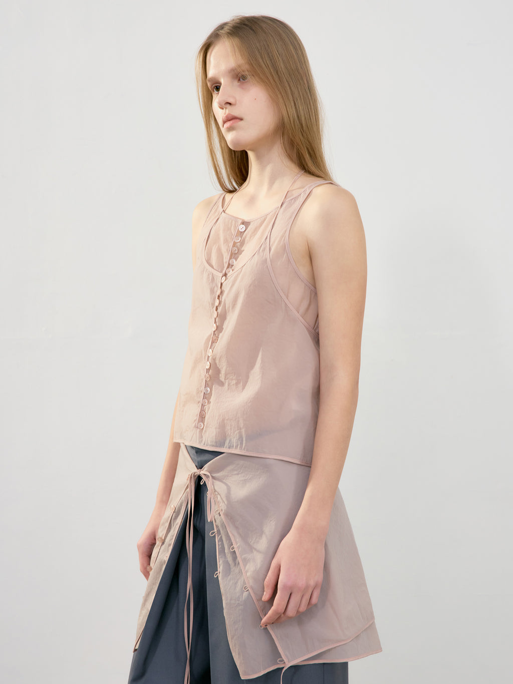 [Low Classic] See-Through Button Loop Skirt_Pink
