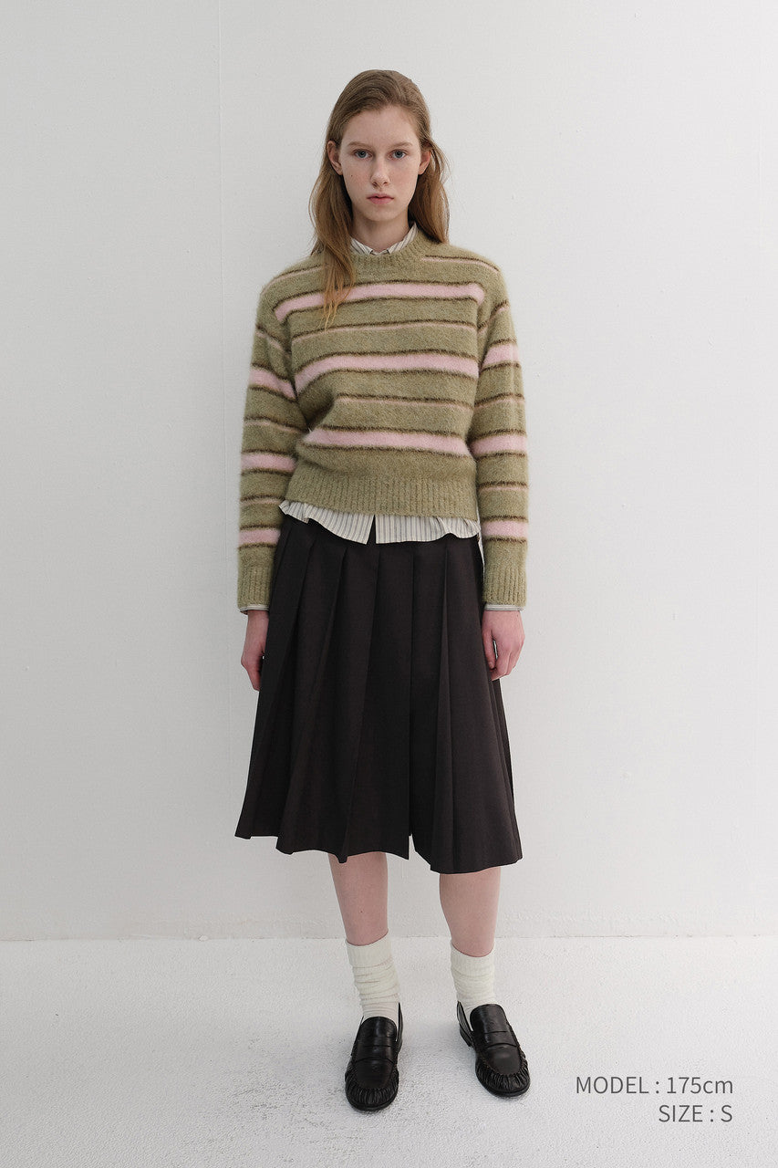 Dunst Unisex Striped Hairy Sweater Olive Pink