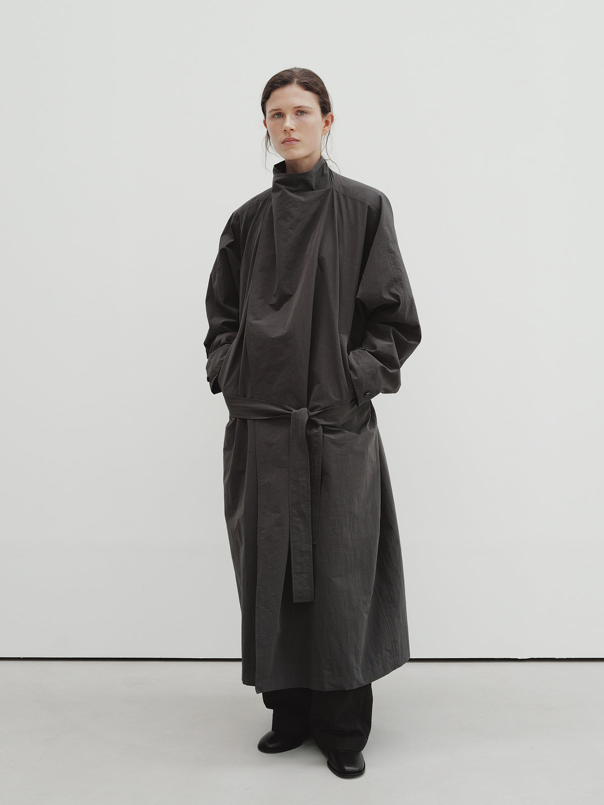Moia draped trench coat (charcoal brown)