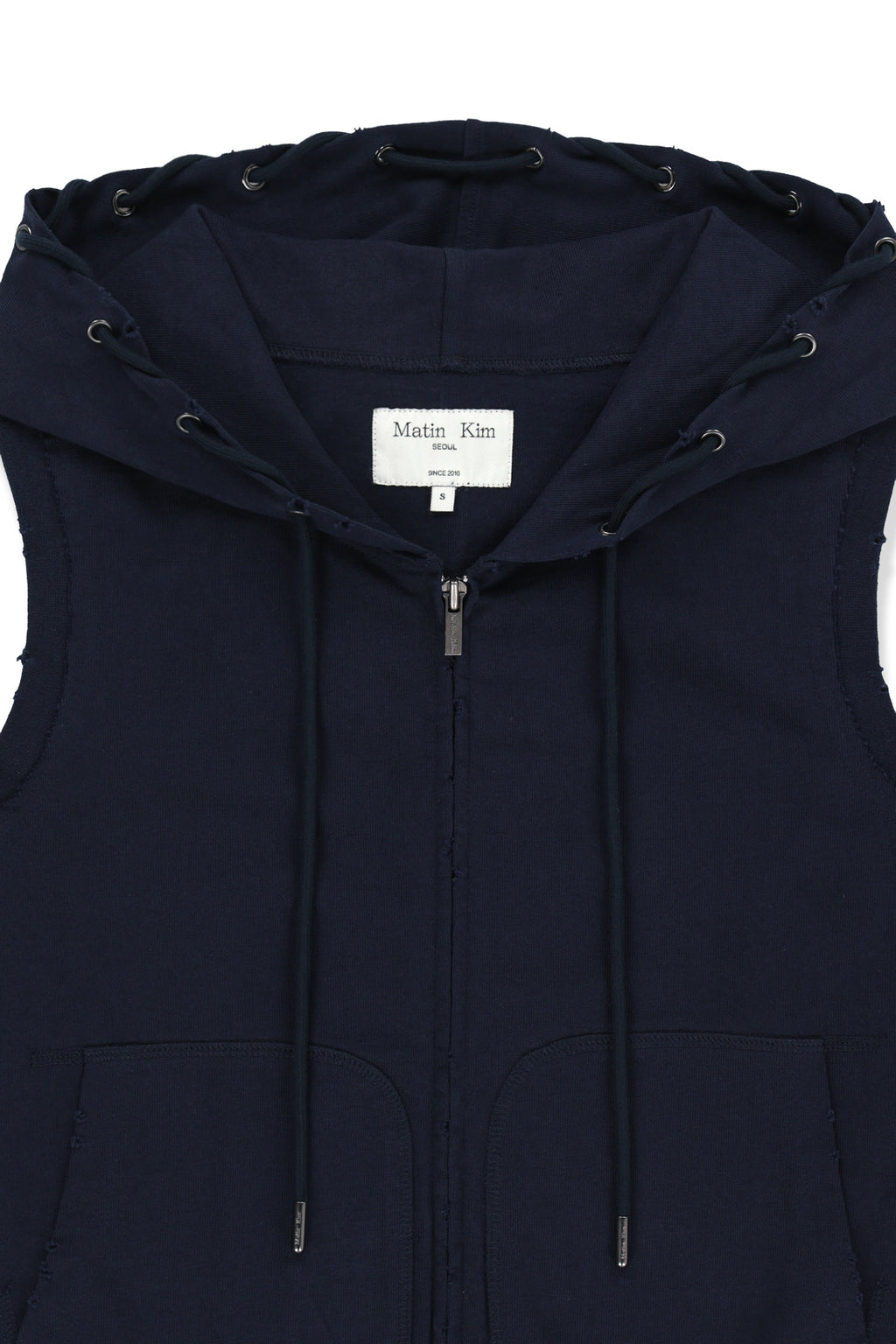 [matinkim] Back Logo Jersey Hood Vest IN Navy