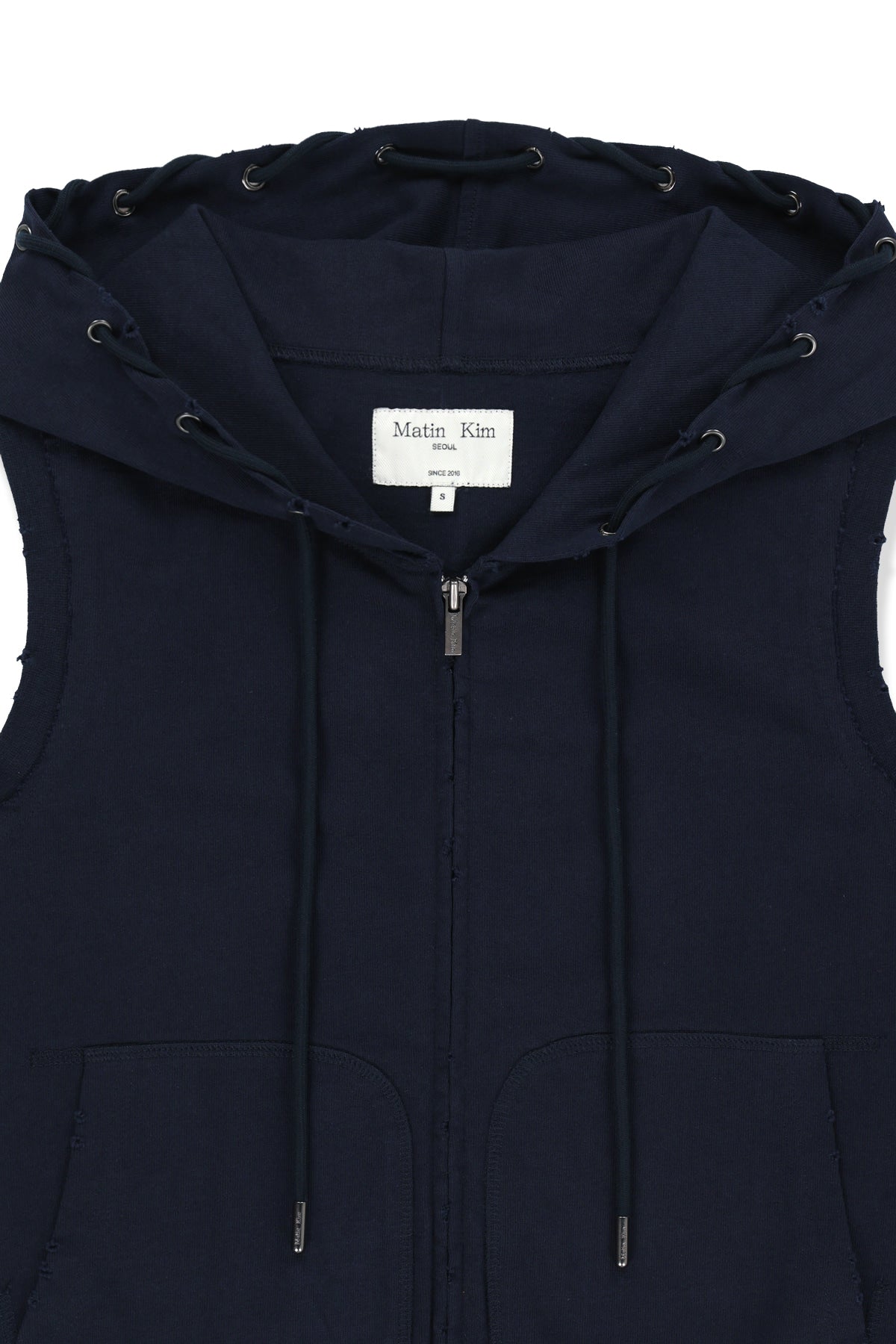 [matinkim] Back Logo Jersey Hood Vest IN Navy