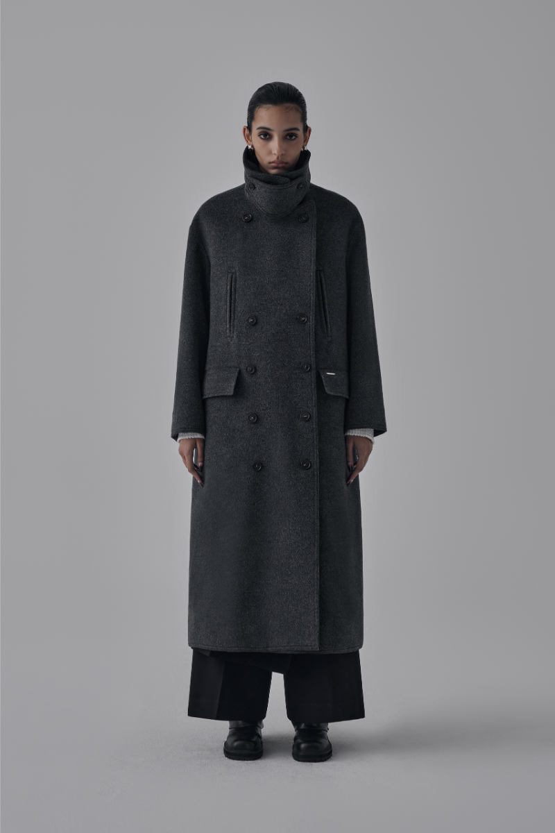 Treemingbird High Neck Double Button Wool Long Coat Charcoal
