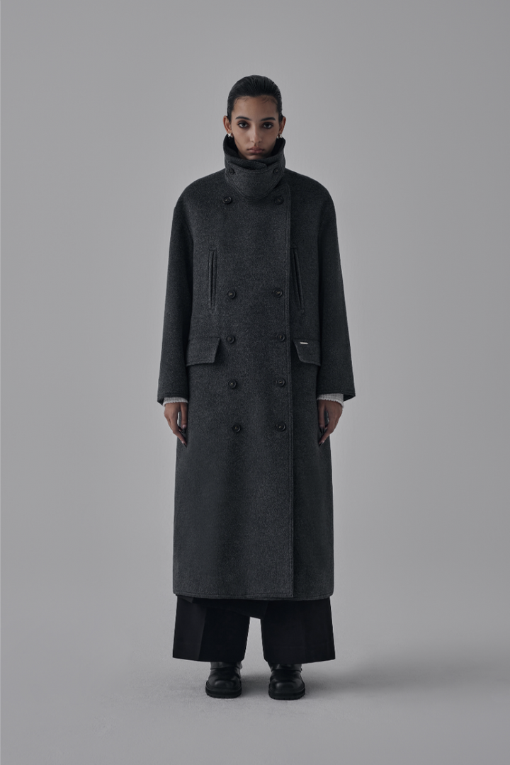 Treemingbird High Neck Double Button Wool Long Coat Charcoal