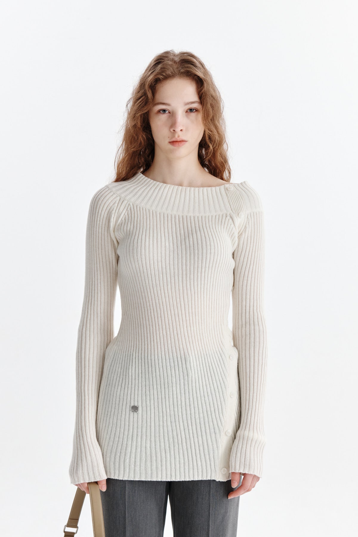 [matinkim] ONE SHOULDER BUTTON POINT KNIT DRESS IN IVORY