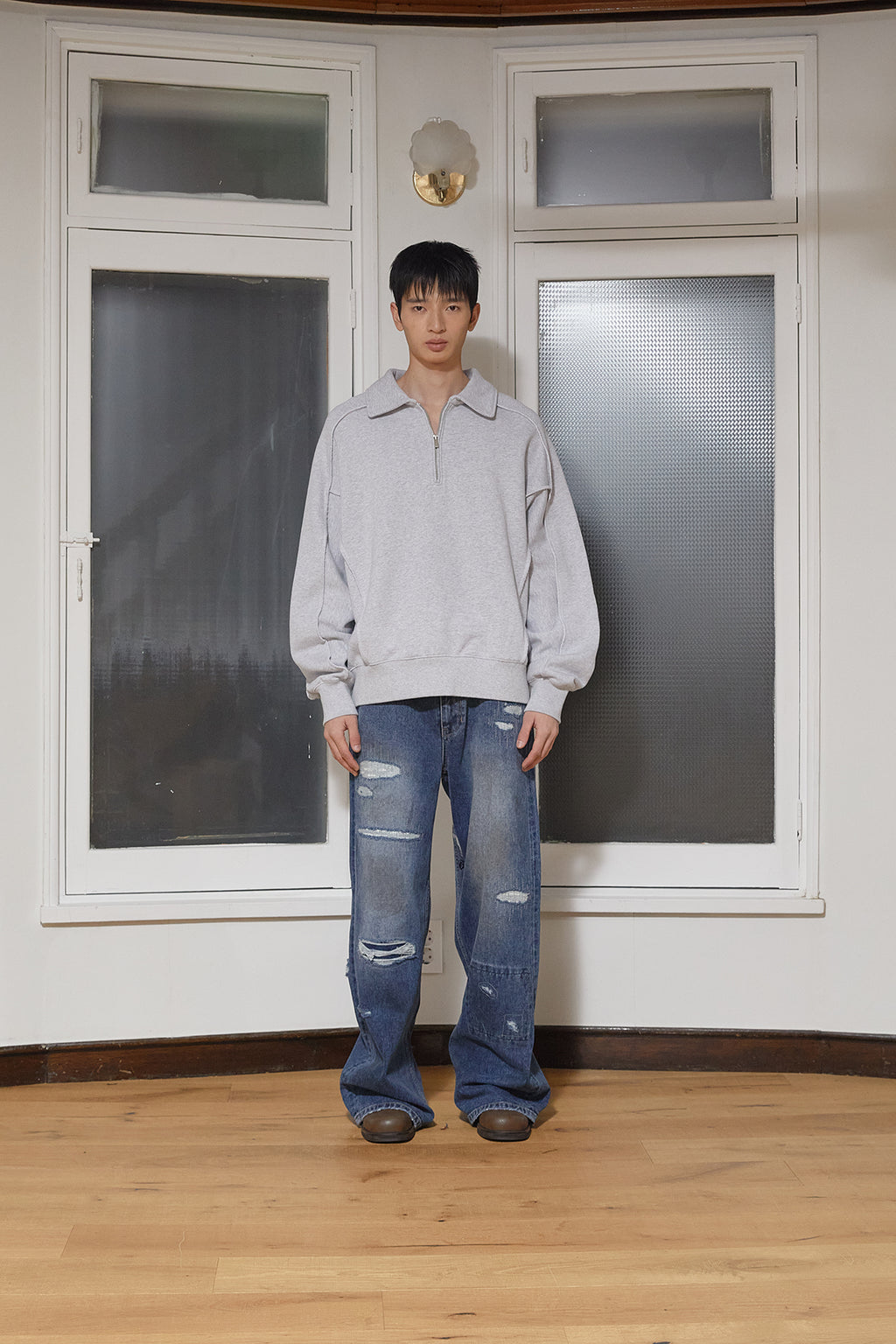 [matinkim] BACK LOGO HALF ZIP SWEATSHIRT FOR MEN IN GREY