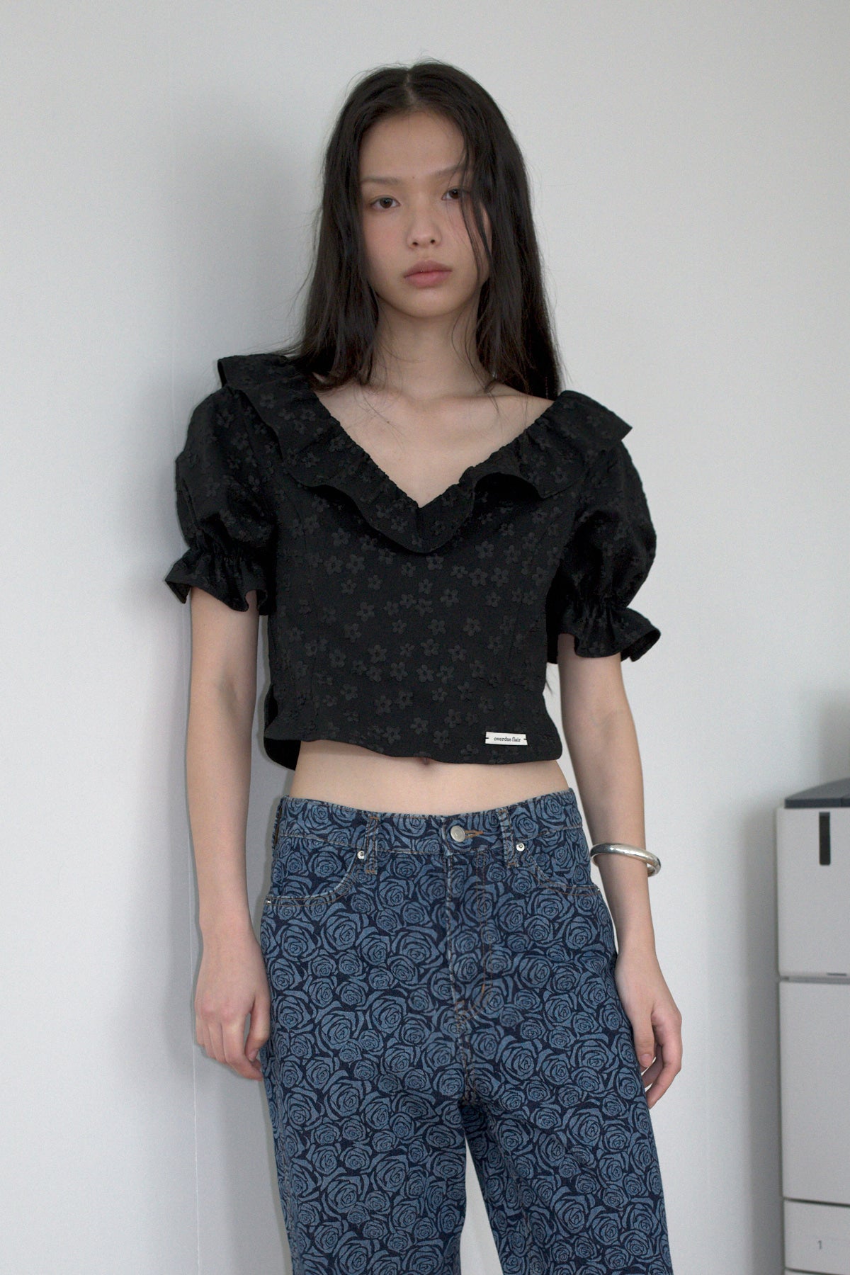 Overdueflair Ruffle Jacquard Blouse Black