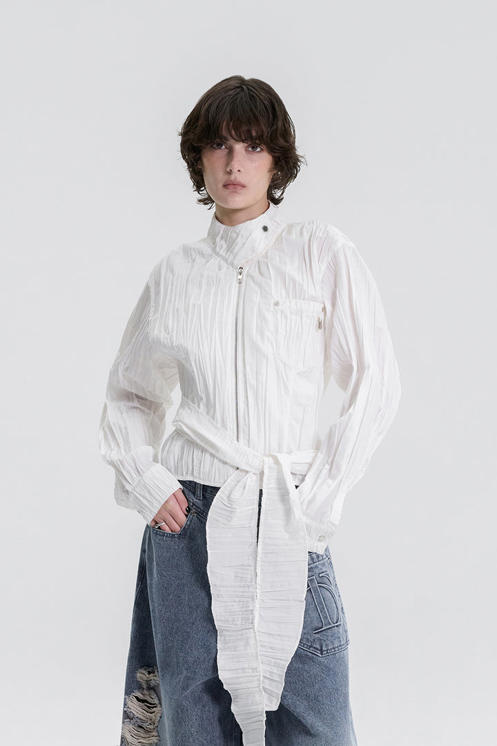 Treemingbird Crinkle Back Tie Set-up Shirt White