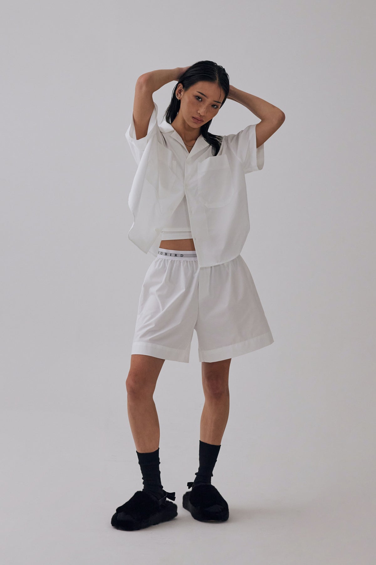 Treemingbird Banding Half Pajama Set-up Shirts White