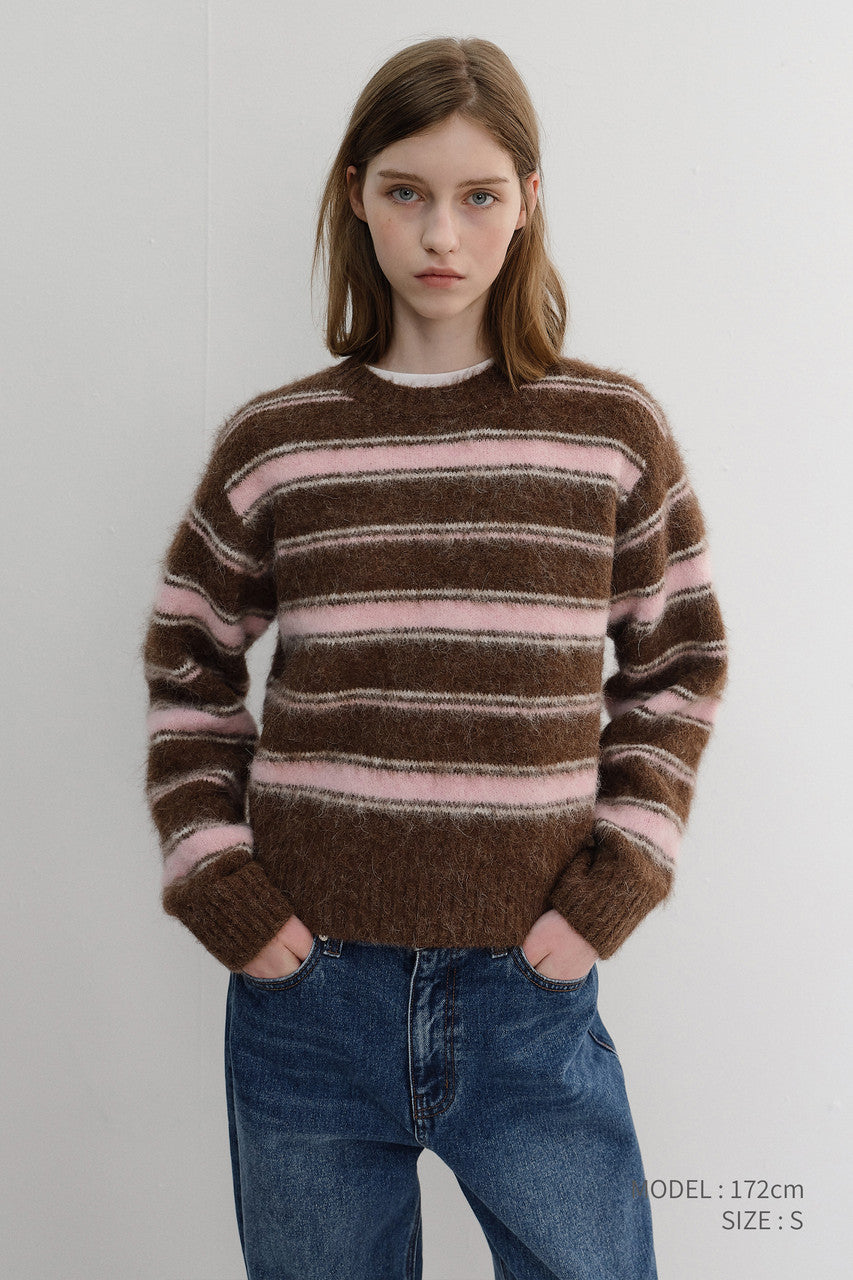 Dunst Unisex Striped Hairy Sweater Brown Pink