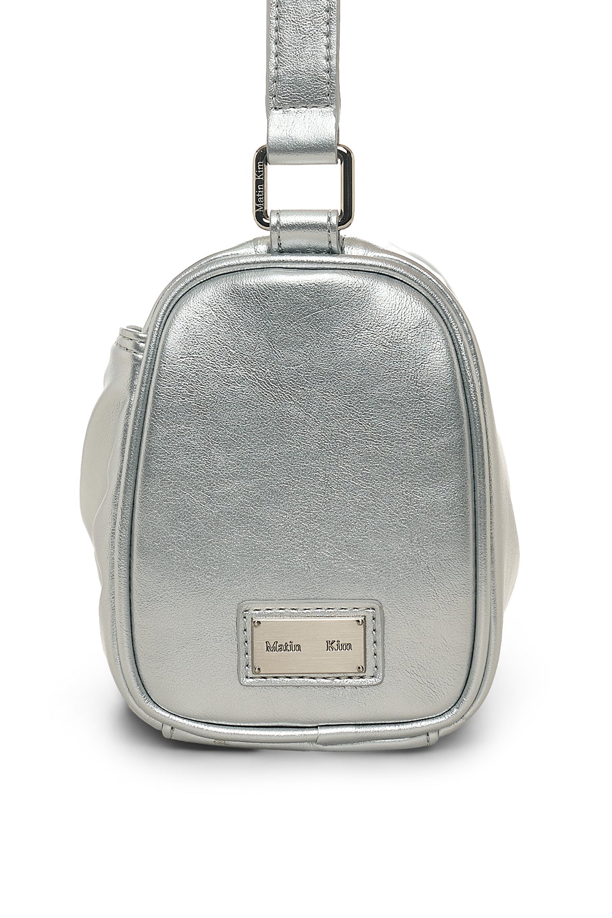 Matin Kim Front Shirring Ribbon Mini Bag in Silver, showcasing authentic Korean designer fashion.