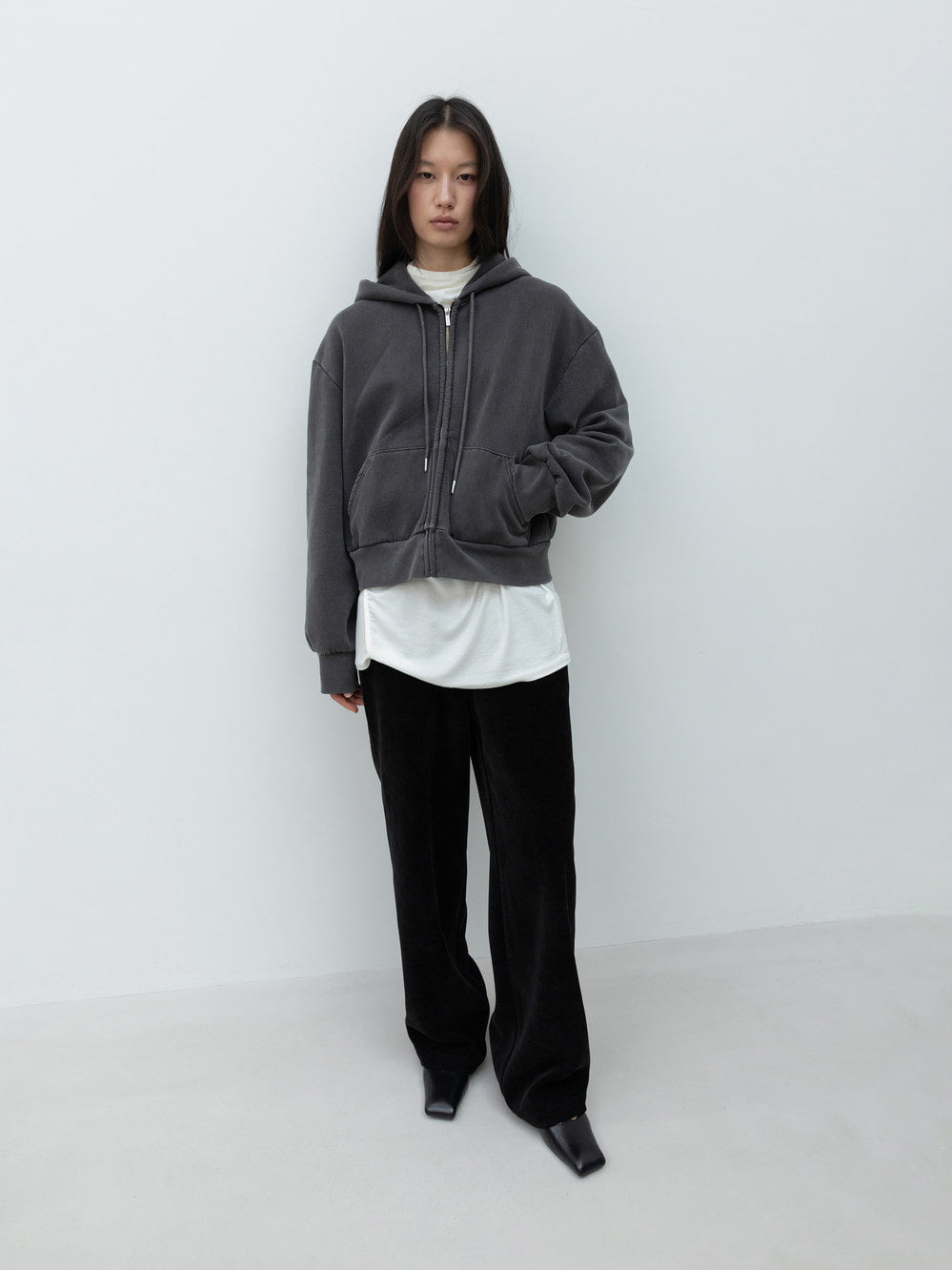 Low Classic Washed Cotton Zip-Up Hoodie Grey