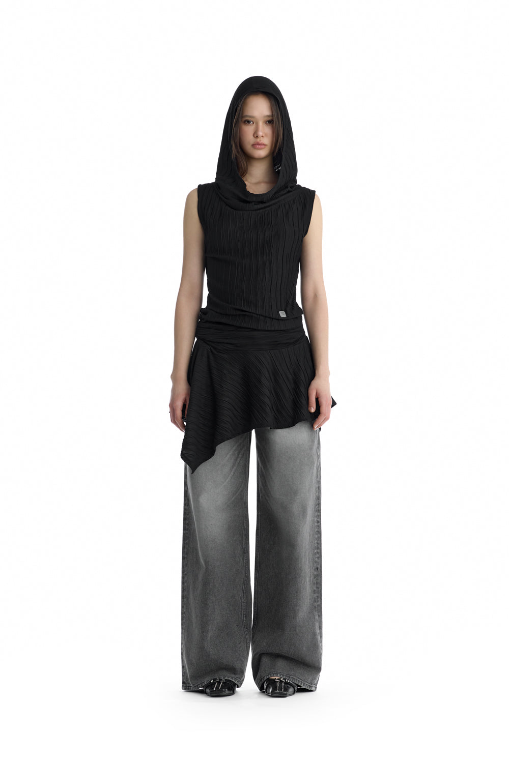 Treemingbird Crinkle Draped Hooded Sleeveless Dress Black