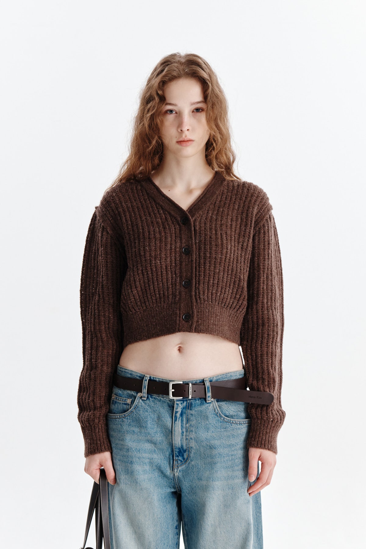 [matinkim] HAIRY CROCHET CROP CARDIGAN FOR WOMEN IN BROWN