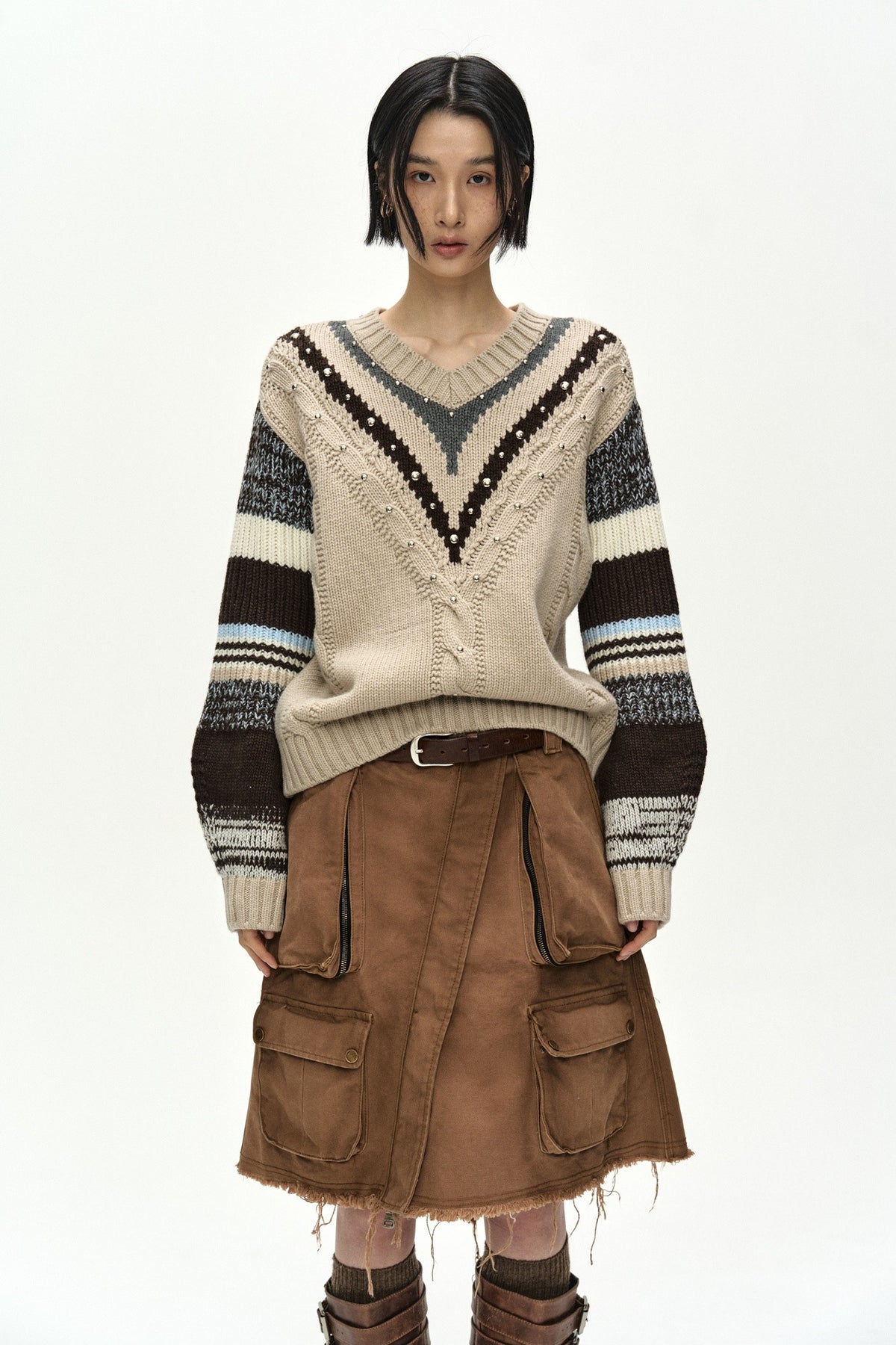 Andersson Bell Studded Cable V-Neck Multi-Stripe Pullover
