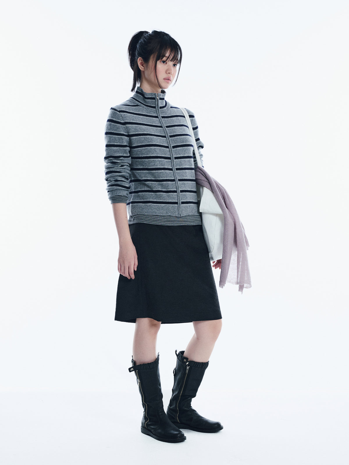 Low Classic Wool Blend Striped Zip-Up Sweater Melange Grey