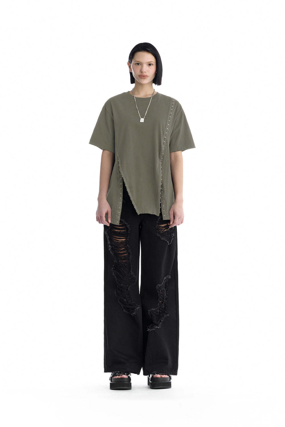 Treemingbird Hook and Eye Boxy T-Shirts Khaki