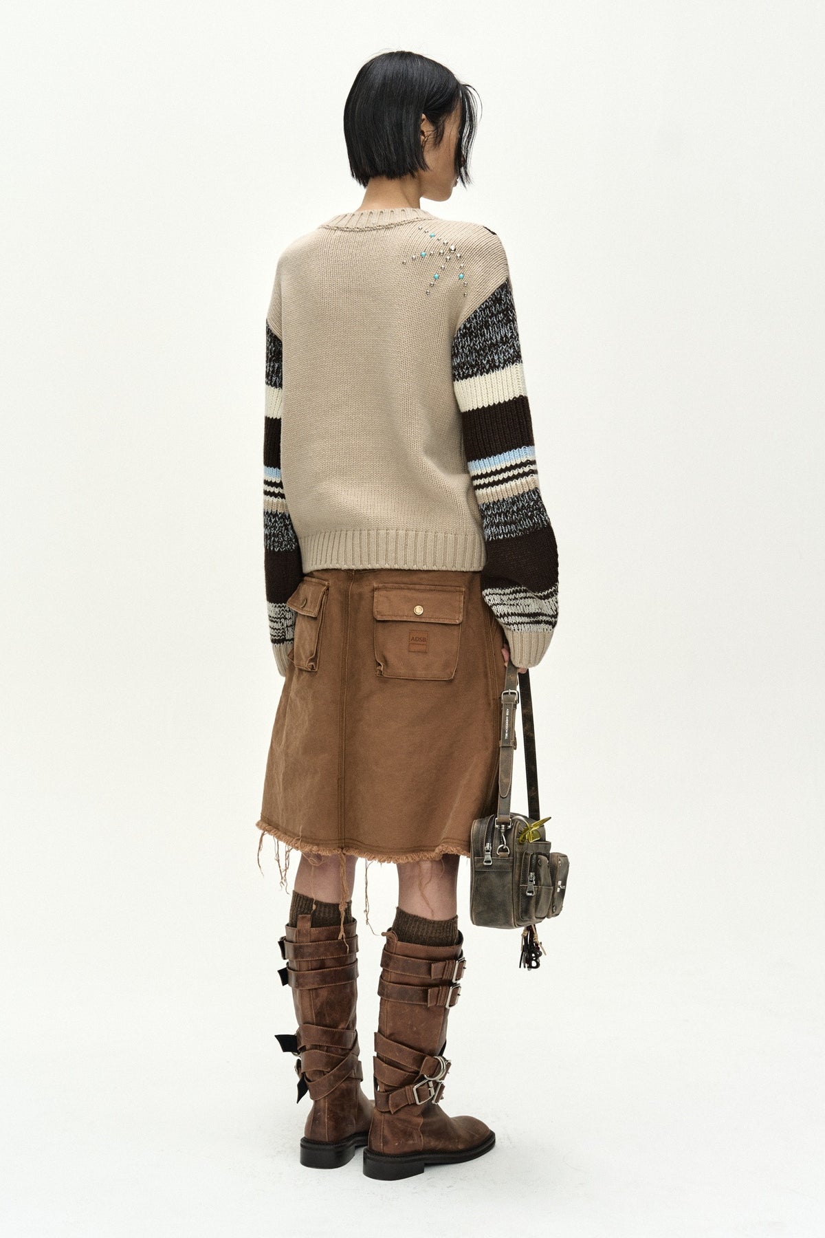 Andersson Bell Studded Cable V-Neck Multi-Stripe Pullover