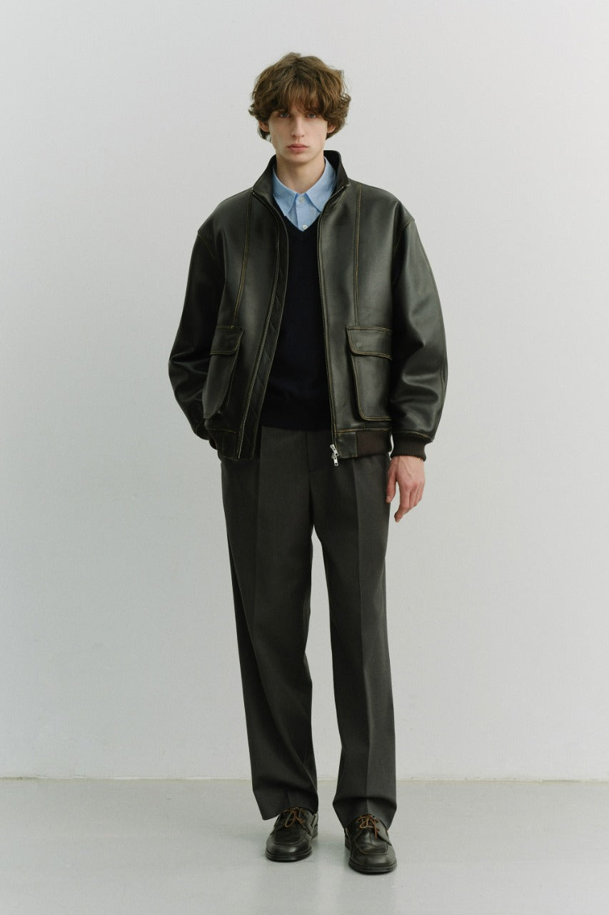 Dunst Unisex Stand Collared Leather Blouson Brushed Black