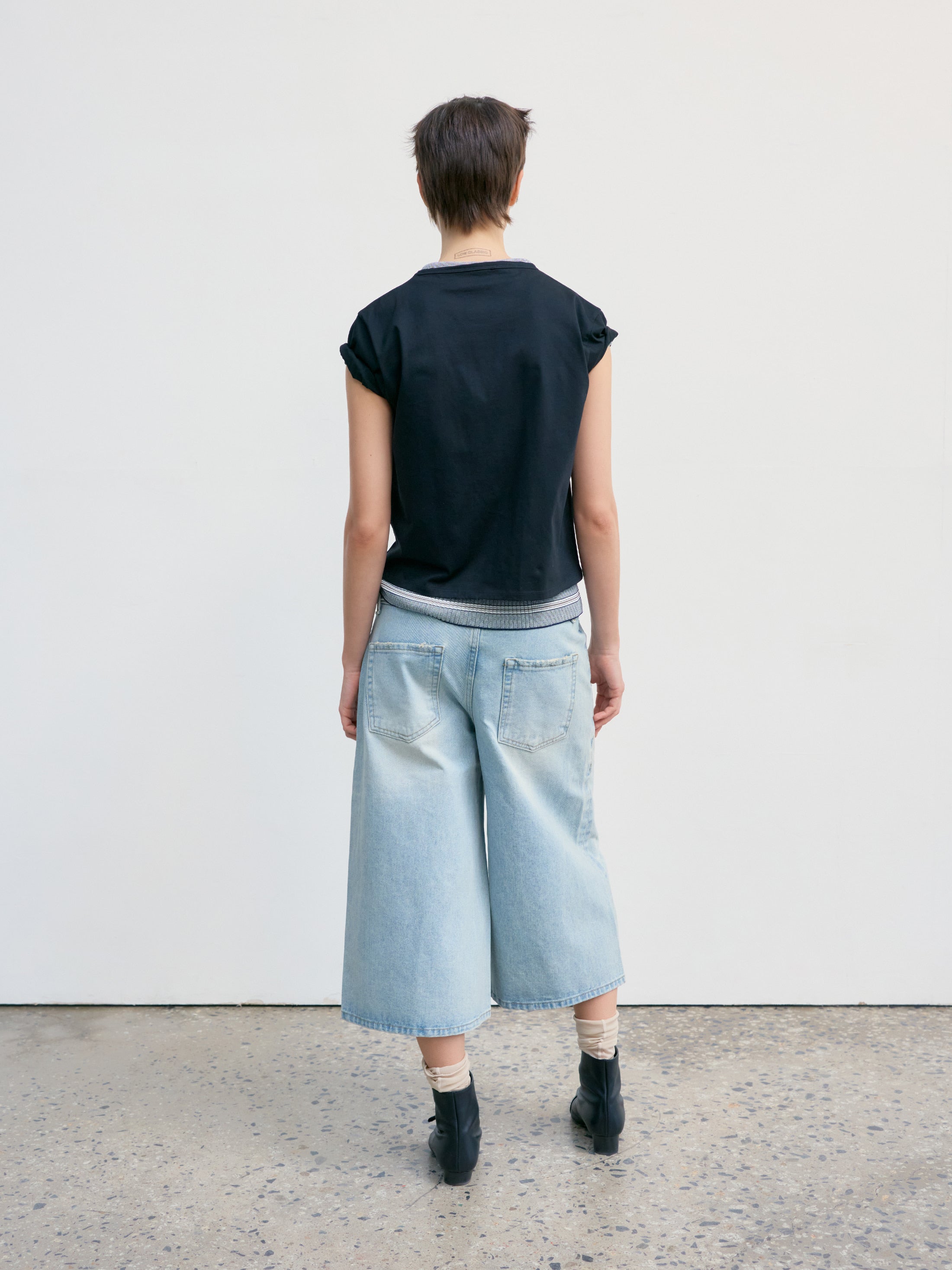 Low Classic Belted Denim Bermuda Pants in blue, showcasing authentic Korean designer fashion.