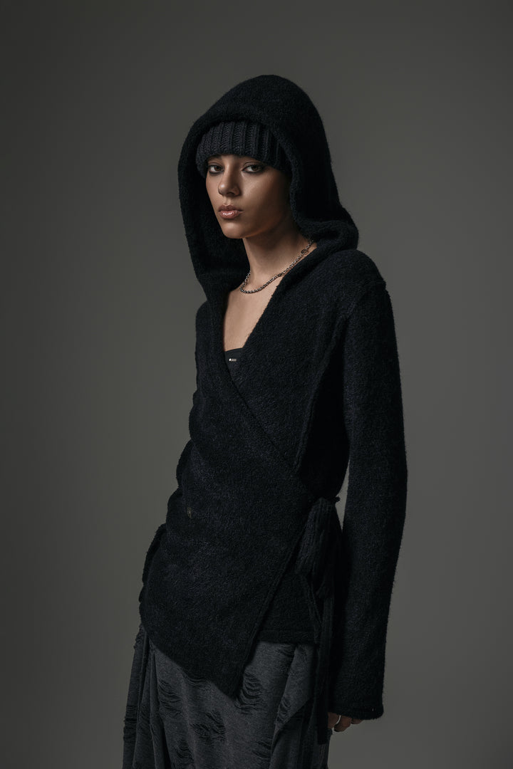 Treemingbird Terry Boucle Hoodie Wrap Cardigan Black